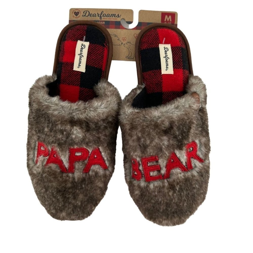 NEW Dearfoams Papa Bear Faux Fur Scuff Slippers Mens Size Medium 9-10